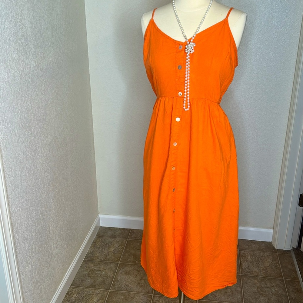 a new day Orange Dress Medium stretchy back used  adjustable straps w/ pockets